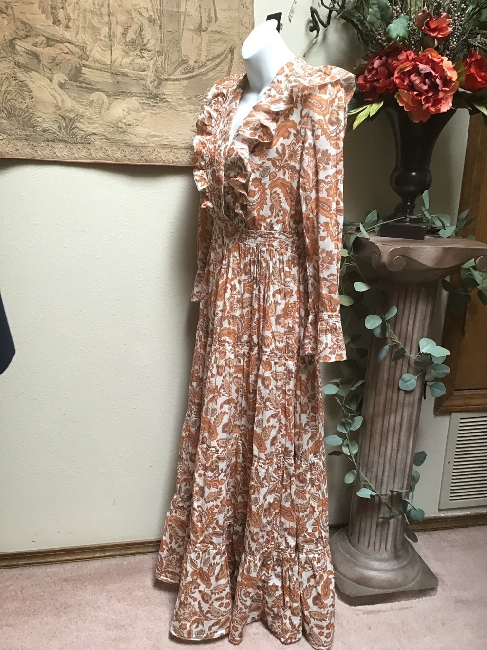 Maje Rust and Cream Paisley Ruffle Maxi Dress